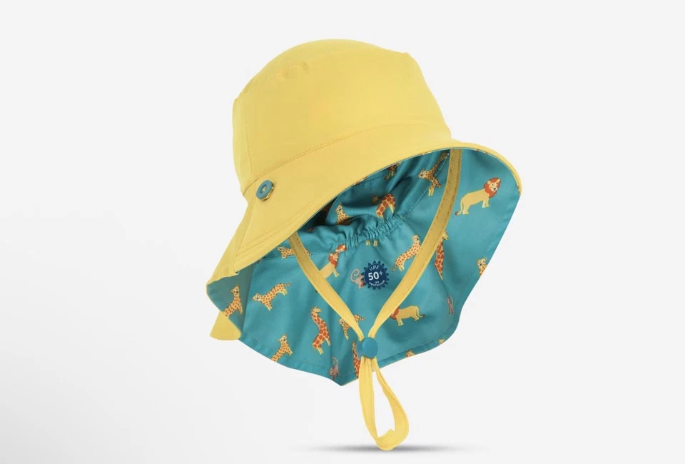 Chapéu de proteção UV reversível Baby UPF 50+ amarelo azul girafa estampa de leão balde - Imagem 2 de 4