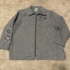BonWorth Gray Full Zip Front Jacket Embroidered Floral Size Petite Medium