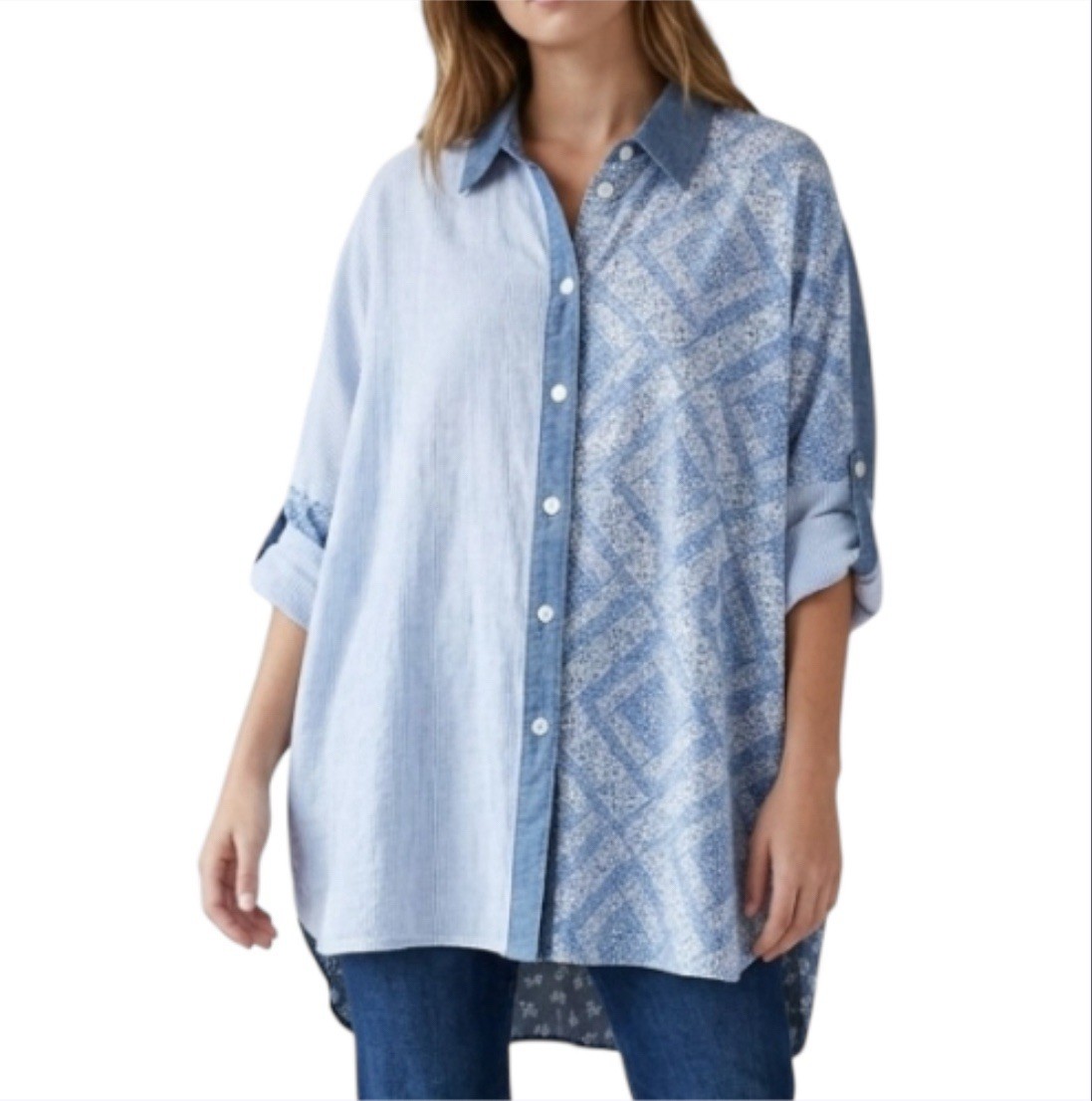 American Eagle Patchwork Oversized Button Down Sh… - image 1