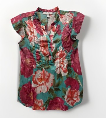 Juniper + Lime Floral Blouse Teal Pink White V-Neck Pleated Size PS Petite Small