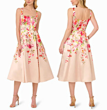 Adrianna Papell Border Mikado Midi Dress in Champagne Multi sz 4 $229