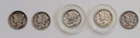 Lot of 5 Mercury Dimes Silver 1941 thru 1945