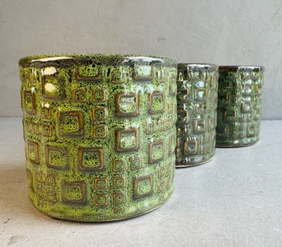 GGL Small GREEN AZTEC Style Glazed Ceramic POT | Stylish Design | Squares Pattern