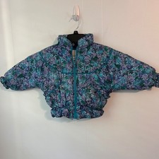 Vintage Weather Tamer Kids Blue Floral Puffer Jacket Batwing Sleeve Size M 3