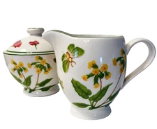 Creamer & Sugar Butterflies Flowers Red White Blue Ceramic (By Trisa) With Lid