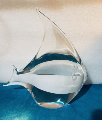 ELIO RAFFAELI design Seguso Murano Art Glass ANGEL Fish White Stripe Sculp #1
