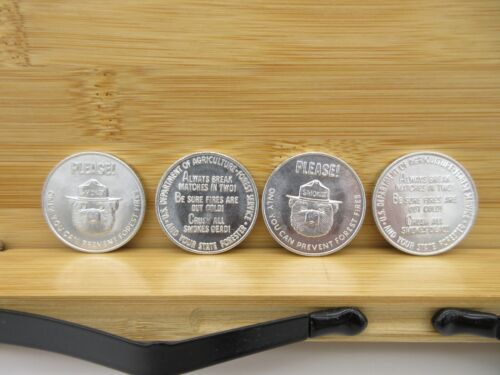 Lot of 4 Vintage Smokey the Bear Token Coins Souvenirs Aluminum Tips On Reverse - Afbeelding 1 van 2