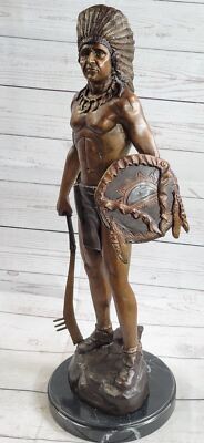 C.M. Russell signed White Mountain Indian Warrior Chief Bronze statue Artwork NR