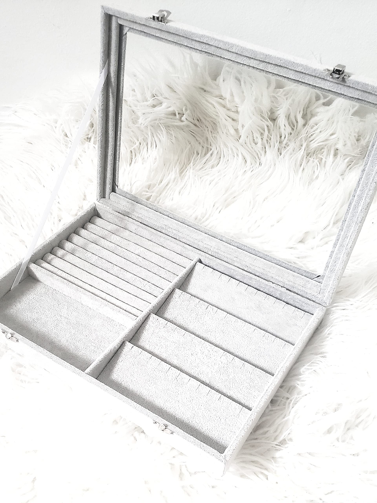 Elegant Velvet Gray Jewelry Box with Organizer Compartments  