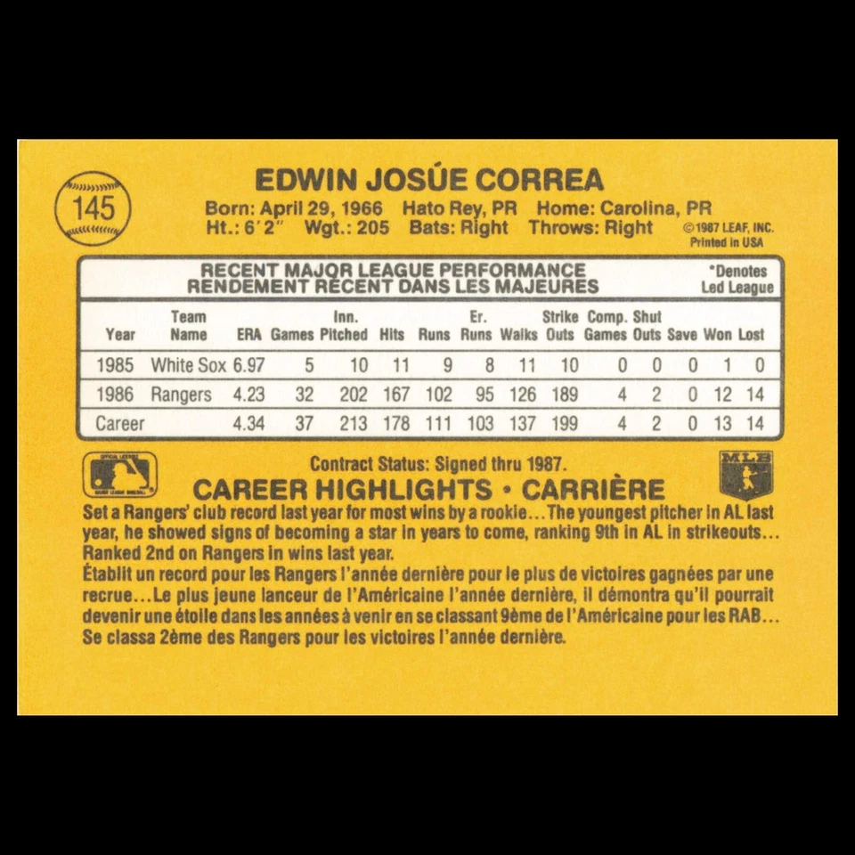 Ed Correa Rookie #145 1987 Leaf Texas Rangers Baseball Card MLB NM - Image 2 of 3