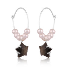 Gold Sheen Obsidian Star Design Hoop Earrings With Pearl Sterling Silver Earring