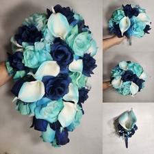 Aqua Navy Blue Rose Calla Lily Bridal Wedding Bouquet Accessories