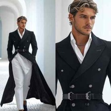 Black Men's Long Tail Suit Groom Wedding Banquet Formal Jacket without Belt