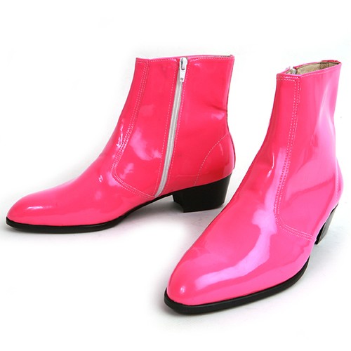 Botas al tobillo Para Hombre Rosa Brillante Cremallera Lateral Hechas a Mano COREA 1.77" Tacones Cubanos - Imagen 2 de 8