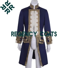 New Men's 18th Century Colonial Military Uniform Frock Coat,Blue Wool Frock Coat