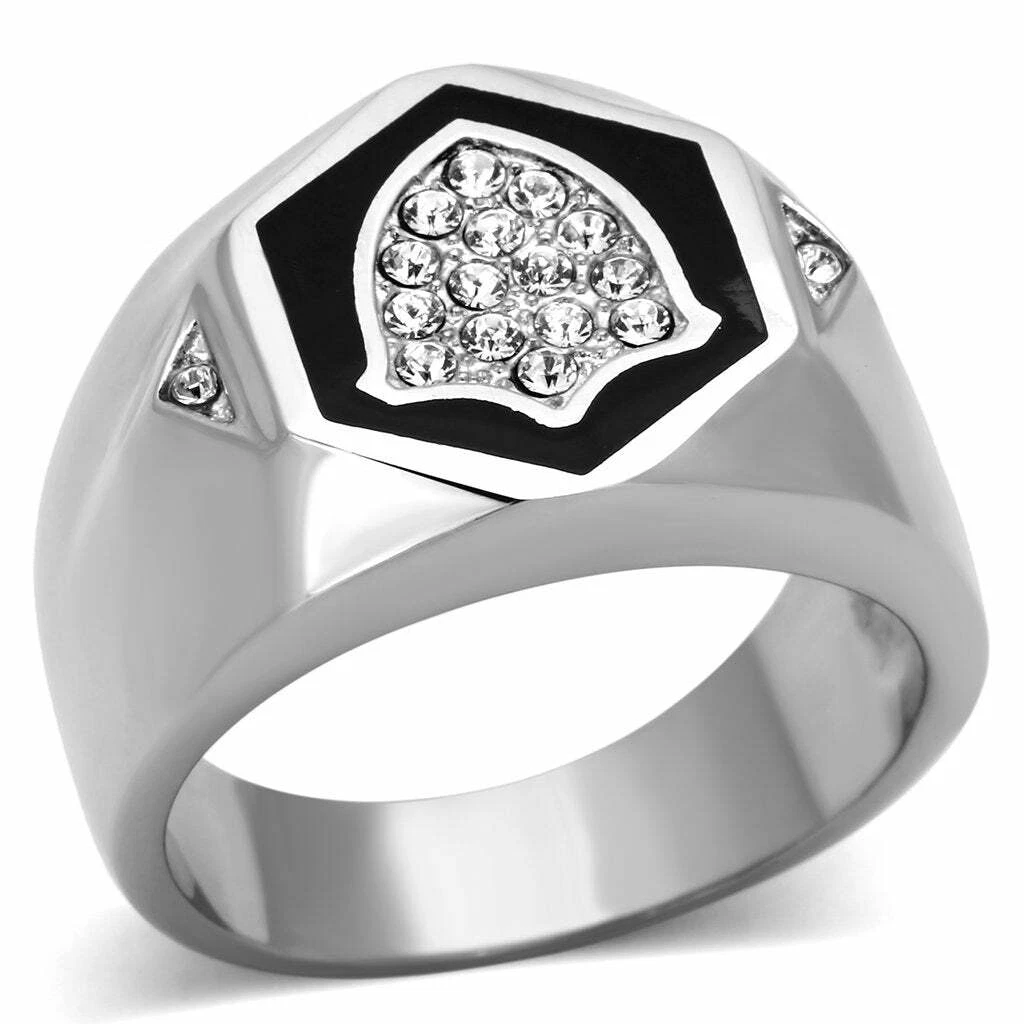 Black Enamel and Crystal Mens Ring Stainless Steel TK316