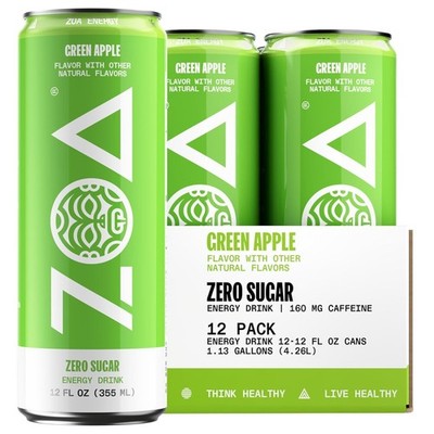 ZOA Zero Sugar Energy Drinks Green Apple 12 Fl Oz (12-Pack)