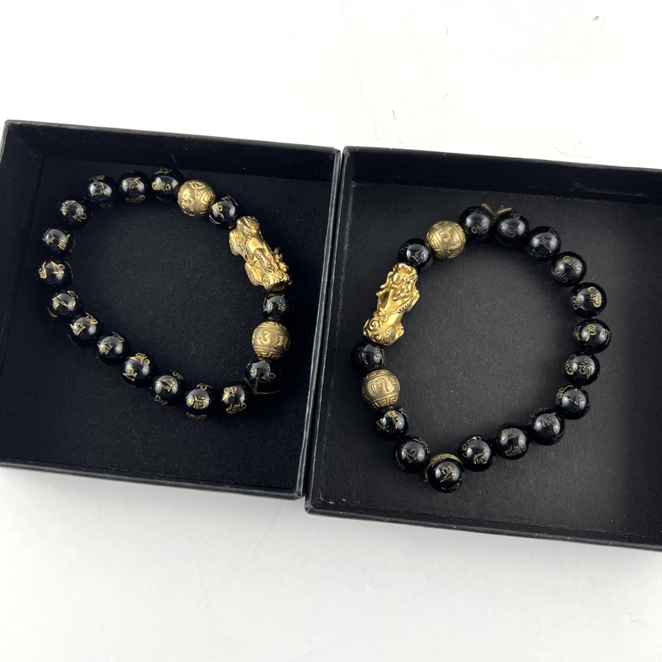 2 Pulseras Buddha Power Feng Shui Riqueza Obsidiana Negra con Caja Cuentas de Vidrio Foto 2 de 4