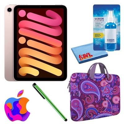 Apple iPad Mini 6 (64GB, Cellular, Pink) Bundle with Purple Paisley Sleeve