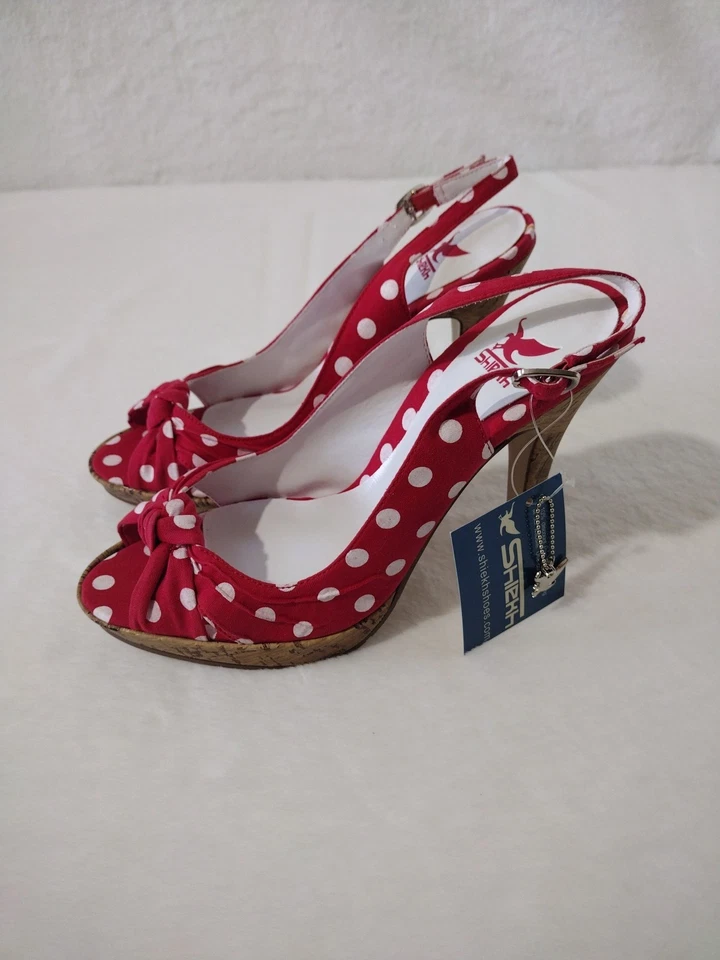 Salto feminino Shiekh vermelho bolinhas tamanho 6.5 peep toe - Imagem 2 de 4