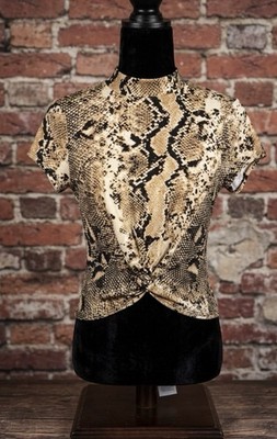 Originality Snake Print Mock Neck Twist Front Crop Top XS Short Sleeve