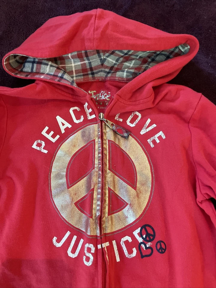 Justice Girls Red Peace Love Justice Zip Up Hoodie and Sweatpants Set Sz 16 - Image 3 of 4