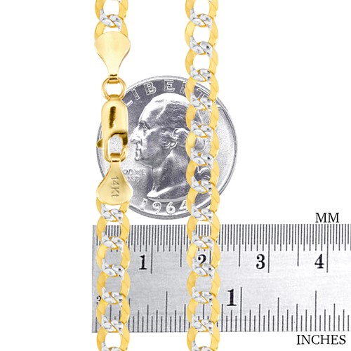 14K Yellow Gold 6mm Solid White Pave Diamond Cut Curb Cuban Chain Necklace 18" - Picture 3 of 10