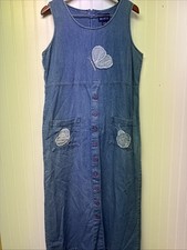 Vintage 90s Denim Long Maxi Jean Jumper Dress Cottage Prairie Sz L Butterfly