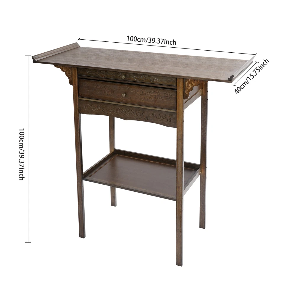 Mesa de altar marrón de 2 niveles con 2 cajones mesa de altar retro con almacenamiento Foto 4 de 4