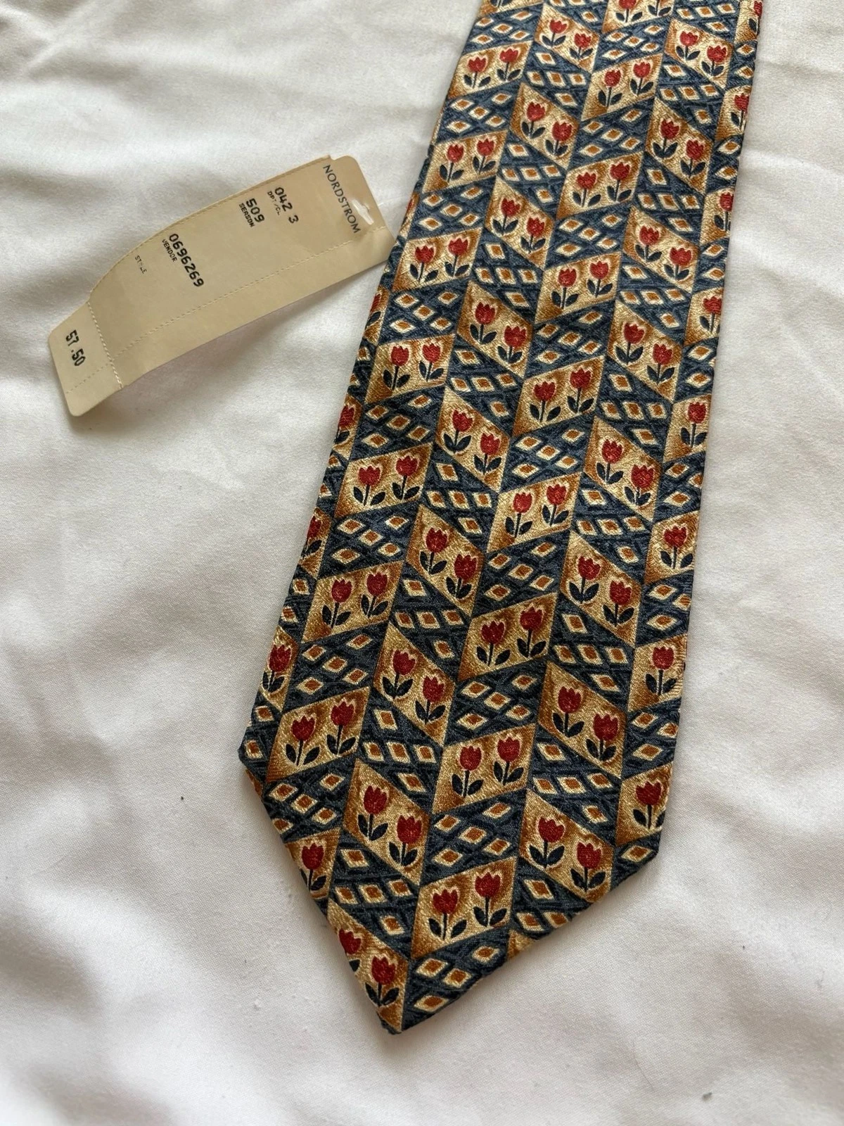 NWT Bolgheri vintage Nordstrom Silk Necktie Geometric Tulip Print Blue Red Gold image 2