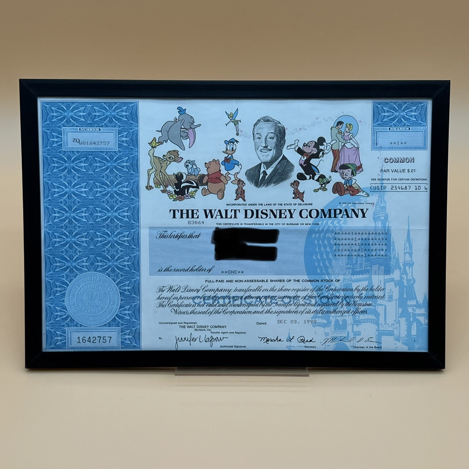 Vintage 1998 Walt Disney Co Stock Certificate 1 Share Framed Authentic Canceled