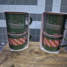 Espresso Mug 2oz Set, tin, graphics says Ready for Adventure Green & Pink