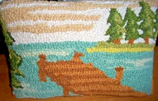 Peking Handicraft WOOL HOOKED LANDSCAPE Trees BOATDOCK  Velvet  Pillow 8x12 NWT