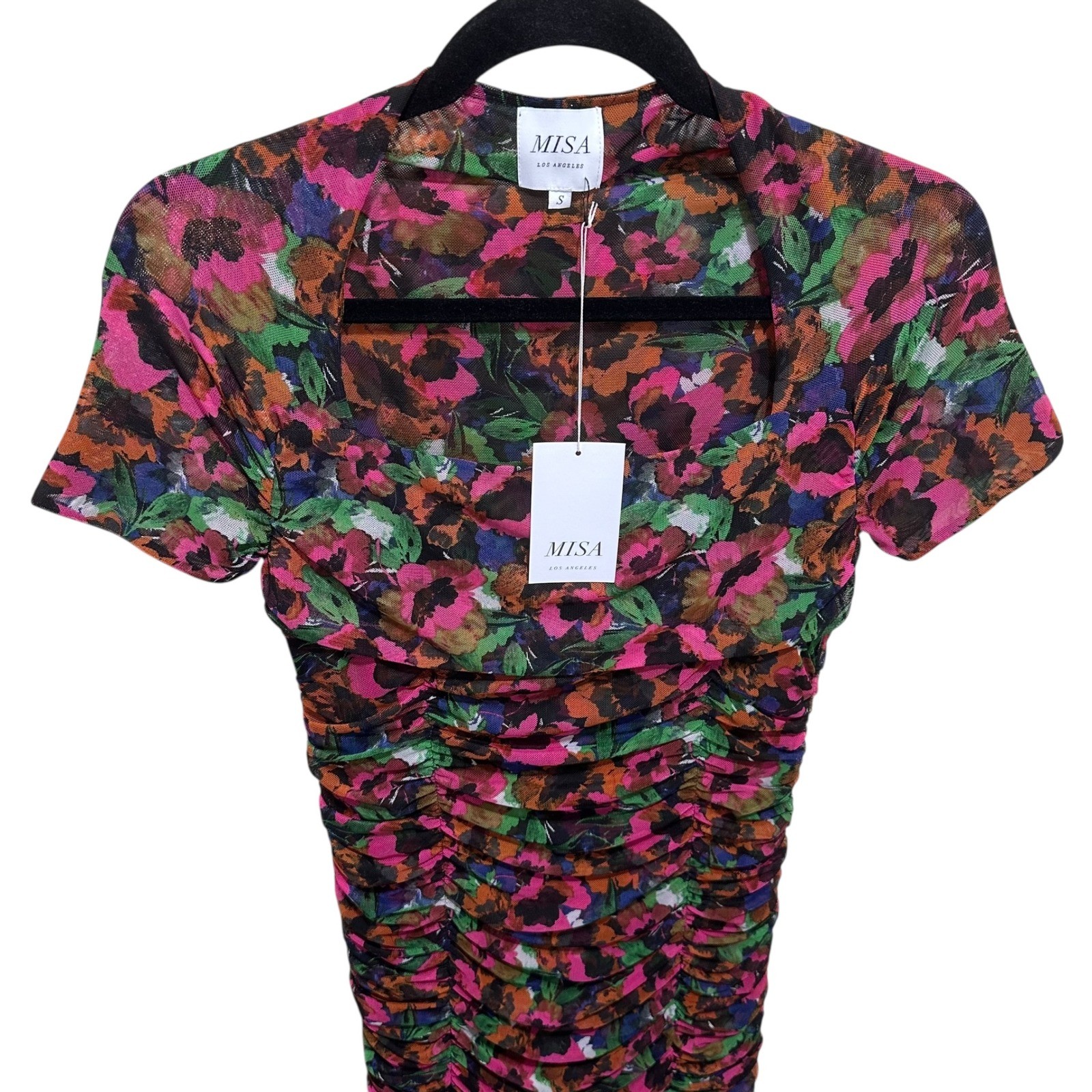 MISA Size S Los Angeles Marilyn Floral Ruched Midi Dress Jewel Tone Mesh Womens