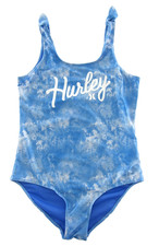 HURLEY Logo Blue White Tie Dye Bow Tie One Piece Swimsuit Women Large