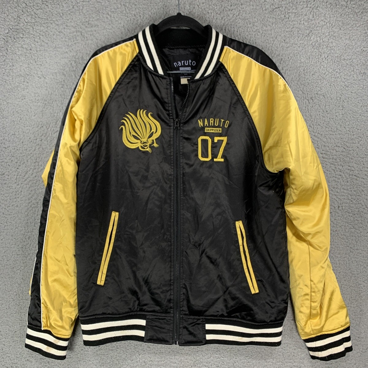 Naruto Shippuden Satin Bomber Varsity Jacket Zip Black Yellow Gold Men's  Size M