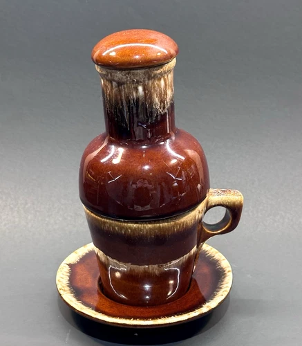 Vintage Hull Pottery Brown Drip Crestone Oven-Proof Carafe w/Cover, Mug & Saucer