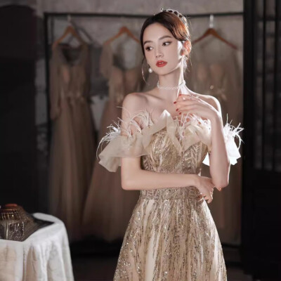 Evening Dress Women 2025 New Banquet Performance Birthday Champagne Luxury  Dress | eBay
