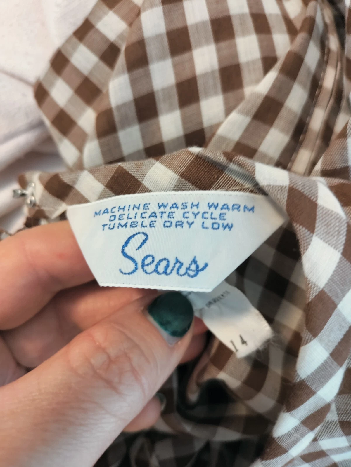 OFF WHITE Abito Sears senza maniche vintage anni 60 taglia 14 ILGWU marrone e bianco sporco a quadri