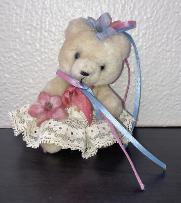 vintage teddy bear with lace ribbon Vintage jointed bear dressed