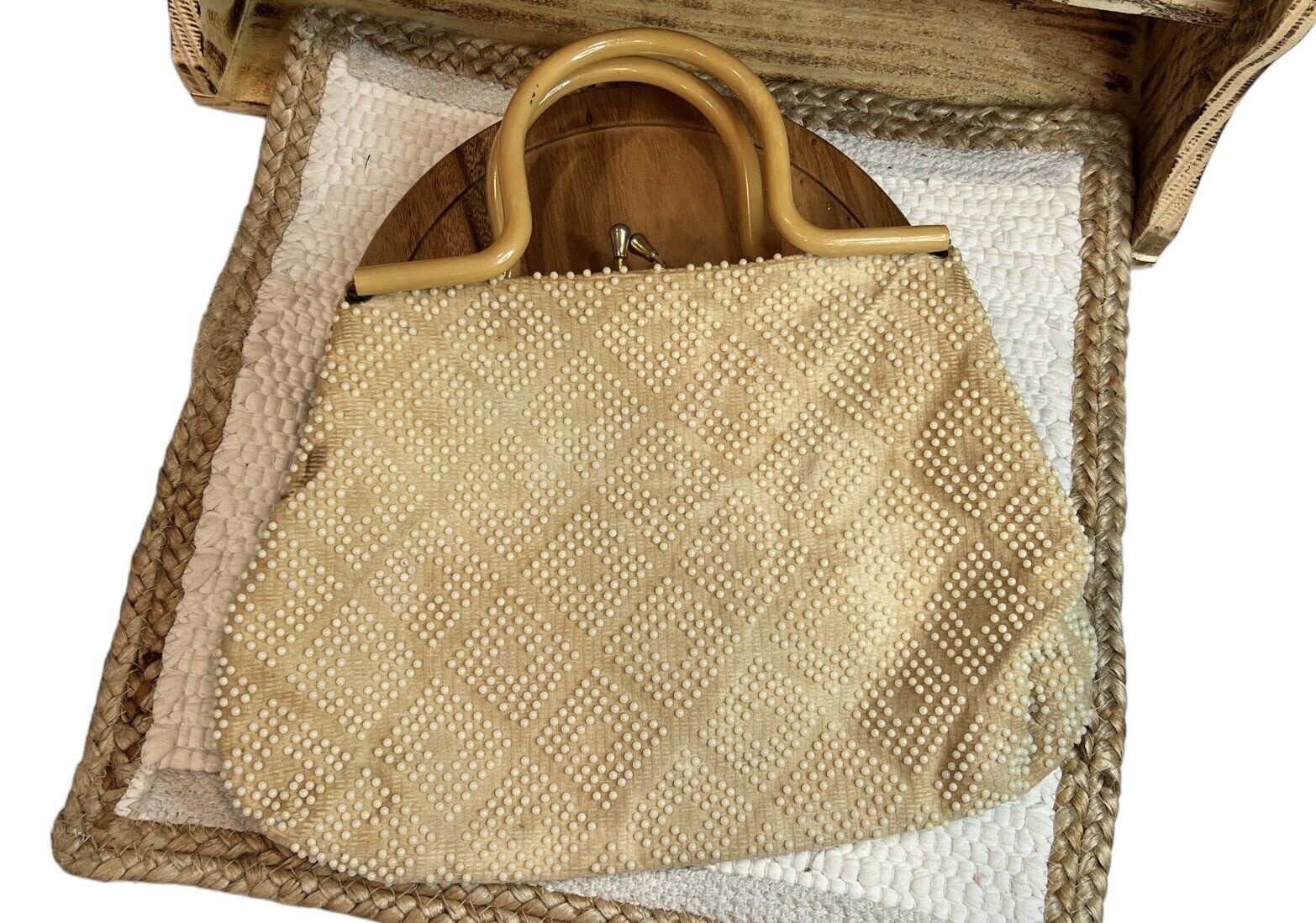 Vintage Cream Colored Purse Handbag With Beading … - image 22