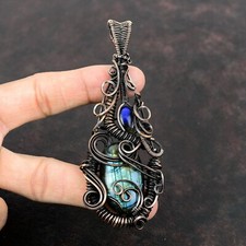 Women Day Sale Labradorite Wire Wrapped Pendant Handcrafted Copper Gift 4.13"