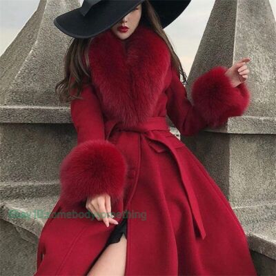 Winter Women's Trench Coat Faux Fox Fur Collar Scarf Cuffs Wool