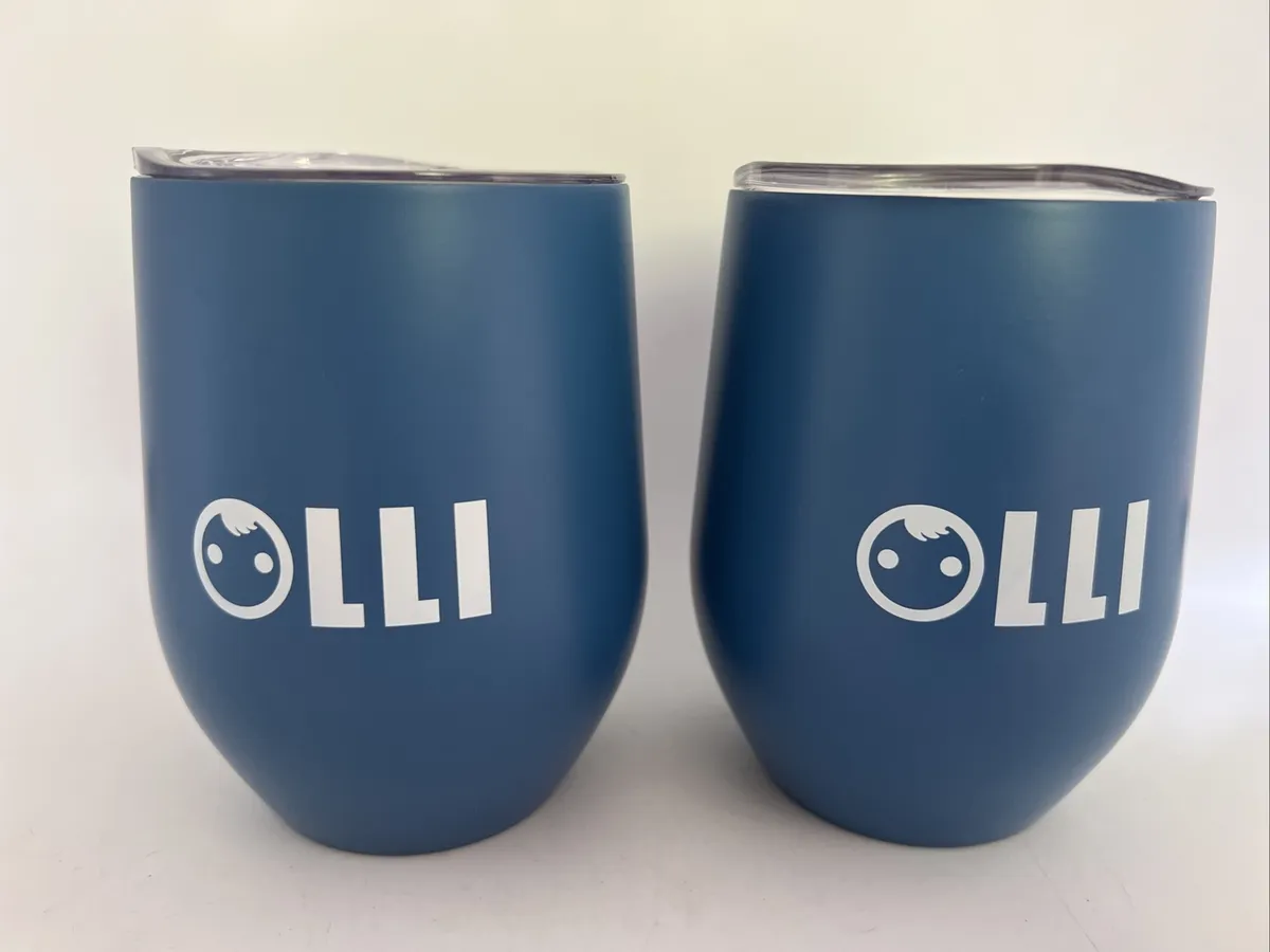 2 OLLI Blue Stainless Wine Tumblers, 12oz NEW Insulated Double Wall With  Lids