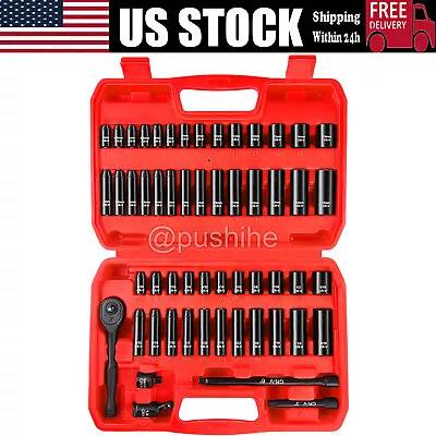 55pcs 1/4" Drive Impact Socket Set SAE & Metric Deep Shallow Sockets Wrench Set