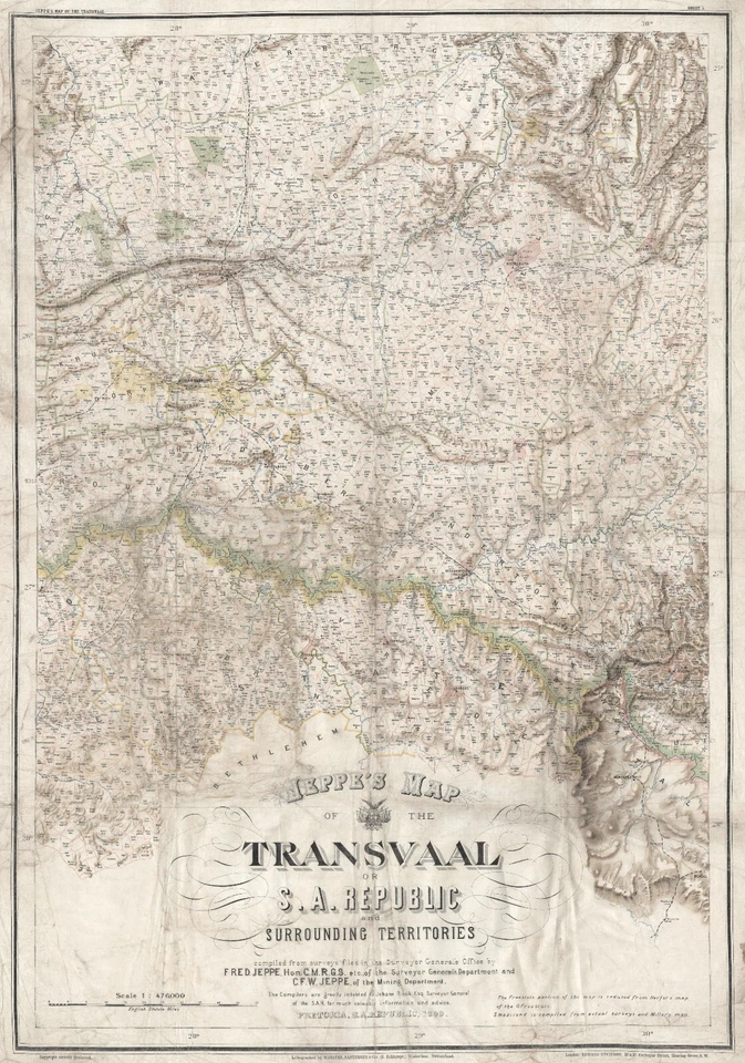 Mapa antiguo "Mapa de Jeppe de la República Transvaal o S.A." (Sudáfrica) 1899 Foto 2 de 4