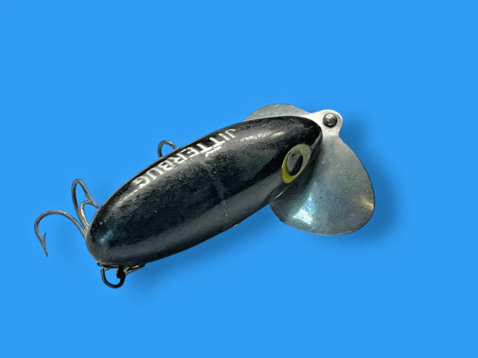 Señuelo de pesca vintage Fred Arbogast JITTERBUG negro Topwater Foto 3 de 4