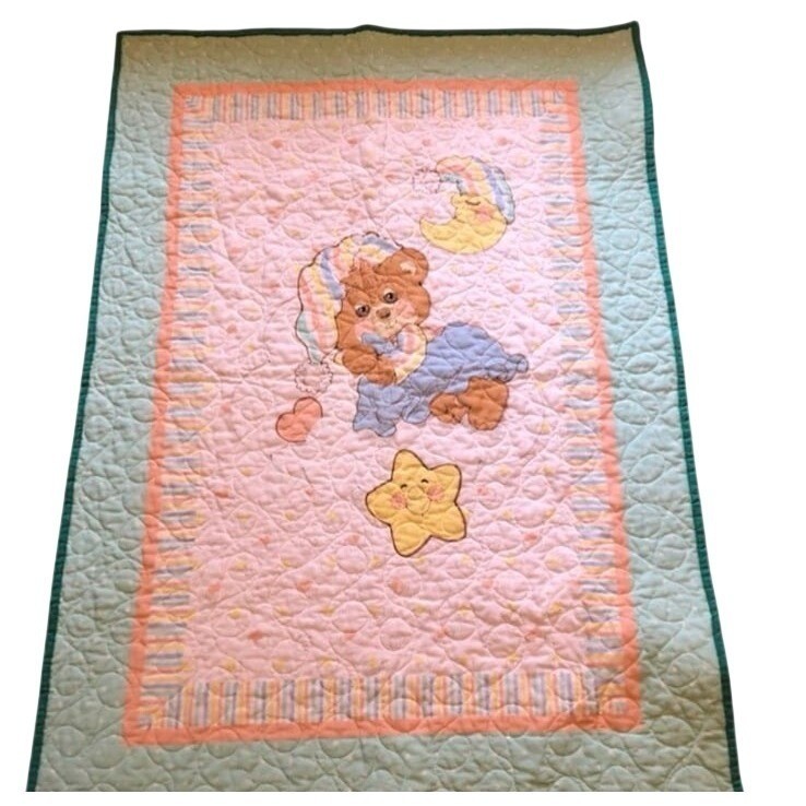 Vintage Teddy Beddy Bear Quilted Baby Blanket Pastel Pink Mint