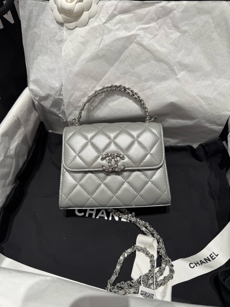 New Chanel Kelly Silver Lambskin Chain Top Handle Bag For Women | eBay