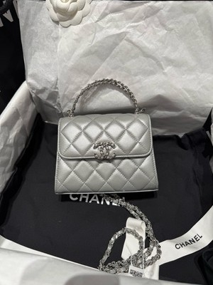 New Chanel Kelly Silver Lambskin Chain Top Handle Bag For Women | eBay